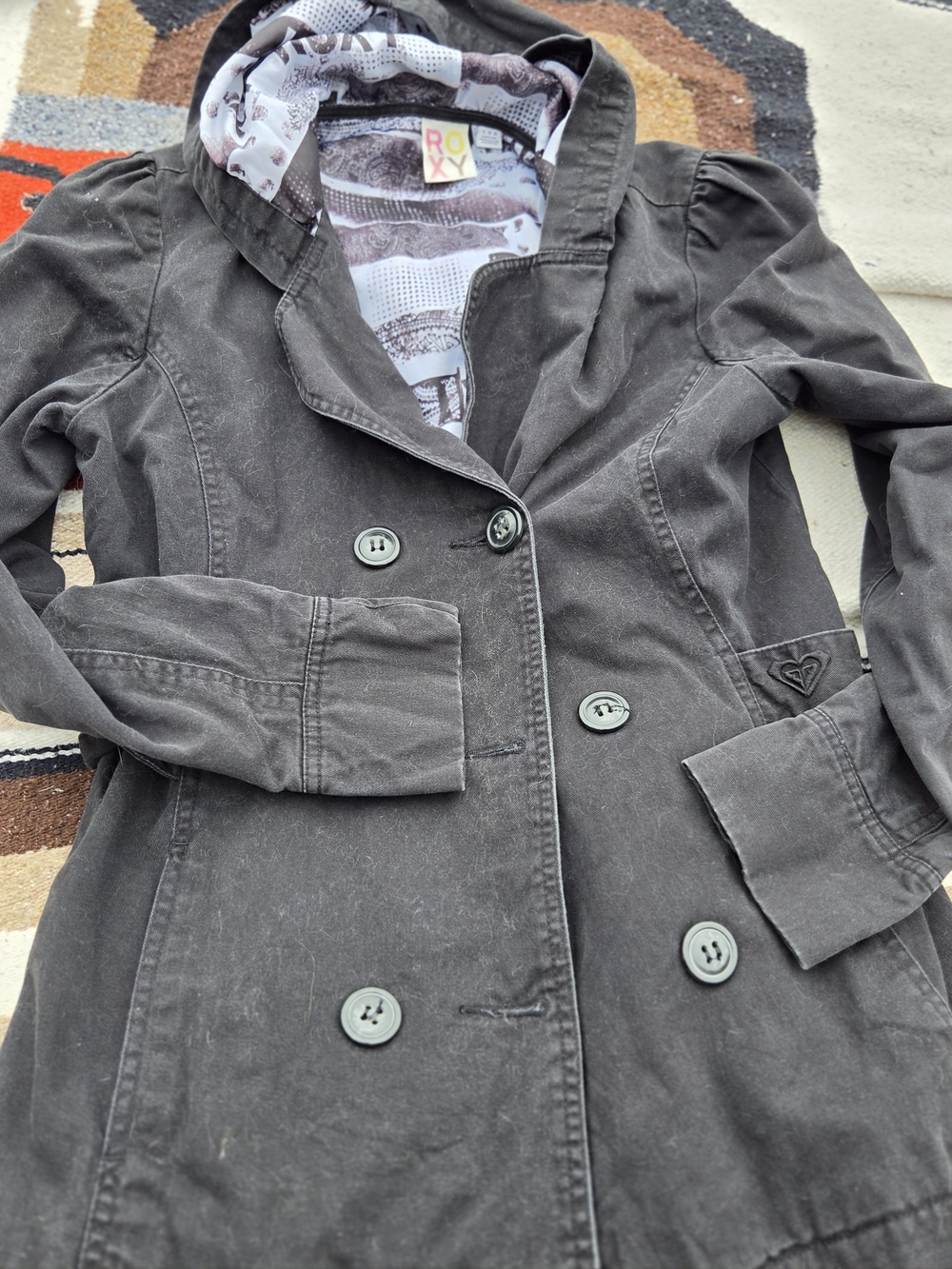 Roxy Women's Black Double-Breasted Trench Coat with Hood
